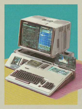 A vintage computer setup features a central unit with multiple displays showing intricate graphics and data, set against a vibrant backdrop.の素材
