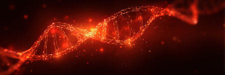 A vibrant DNA double helix glows against a dark background, showing intricate light patterns that inspire scientific wonder.の素材