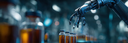 A robotic hand carefully handles vials filled with orange liquid in a laboratory, illustrating the intersection of technology and science in modern research.の素材
