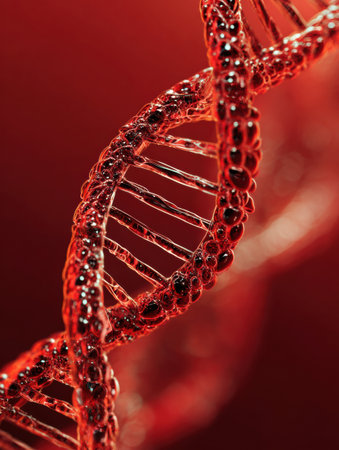 Close-up of a red DNA double helix displaying its complex design and striking features, set in a vivid atmosphere that emphasizes its beauty and significance.の素材