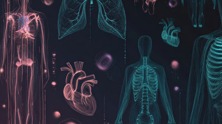 Illustration depicts various human anatomy elements including heart, lungs, and skeletal structure. The design uses vibrant colors against a dark background.の素材