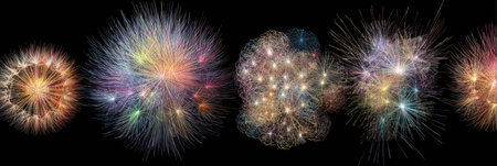 Vibrant fireworks illuminate the night sky with dazzling colors and intricate shapes, creating a breathtaking display of light and celebration.の素材