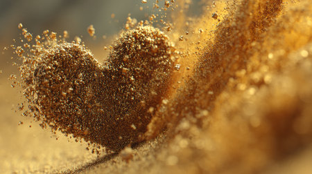 A heart shape emerges from fine sand particles swirling in the air, illuminated by sunlight. This captivating scene captures a moment of beauty in nature.の素材