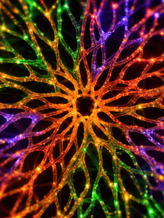 Colorful threads intertwine to form a complex neural network design, creating a stunning visual of connections and vibrant hues in a creative display.の素材