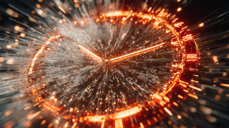 A stunning visual of a clock face encircled by vibrant sparks, representing time and energy. Glowing elements create a sense of movement and excitement.の素材