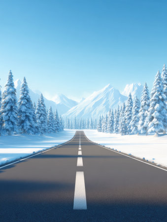 A picturesque winter scene features a scenic road lined with snow-covered trees and majestic mountains in the background beneath a bright blue sky.の素材
