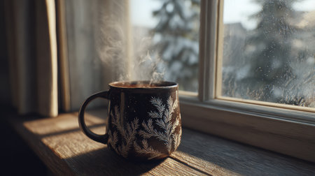 A coffee mug sits on a wooden surface with steam rising above it, while winter light gently illuminates the scene through the window.の素材