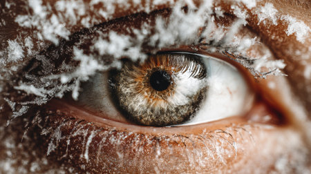 Frost clings to the lashes and skin around a human eye, showcasing striking colors and patterns amid a cold winter atmosphere enhancing the beauty of nature.の素材