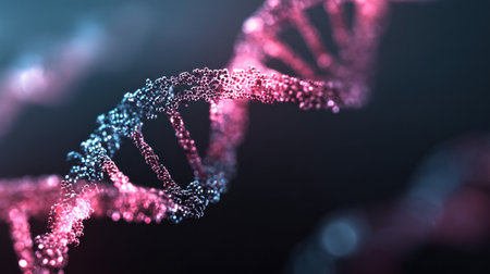 Colorful representation of DNA strands with detailed molecular structures illuminated by soft light in a scientific and artistic compositionの素材