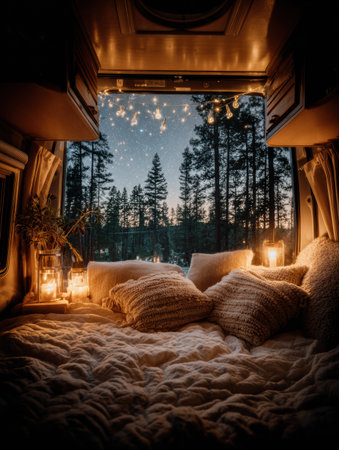 Warm pillows and soft blankets create a cozy space inside a van, illuminated with fairy lights as darkness falls over a tranquil forest.の素材