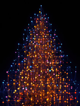 A vibrant, abstract tree of colorful lights and intricate lines shines against a dark background, creating a captivating visual effect.の素材