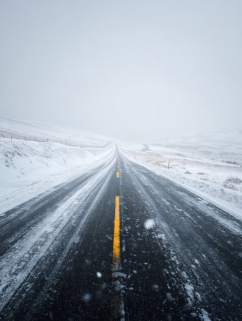 A snowy road leads into a distant horizon, blanketed in white snowflakes and fog, creating a serene winter scene filled with tranquility and quiet beauty.の素材