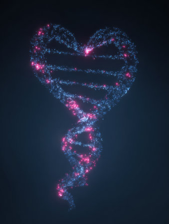 A heart shape made from a DNA double helix glows with vibrant colors, creating a striking visual effect against a dark backdrop, symbolizing love and life.の素材