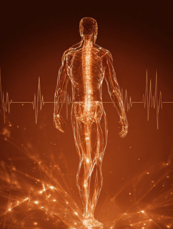 A glowing human figure stands with a display of energy coursing through it, highlighted by a heartbeat pattern against a warm orange background.の素材