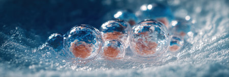 This close-up showcases clear water bubbles resting on a soft surface with intricate light reflections and colors, creating a visually striking scene.の素材