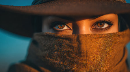 A woman looks directly at the camera, her captivating brown eyes partially hidden by a scarf and large hat at sunset, creating a dramatic atmosphere.の素材