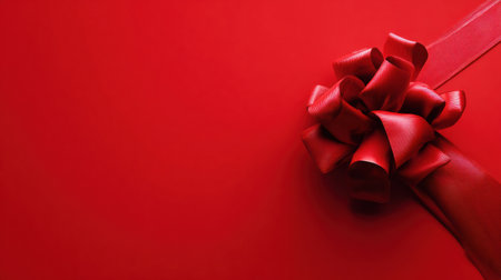 This vibrant red bow is presented against a matching red backdrop, creating a festive and elegant look ideal for gifts or decorations.の素材