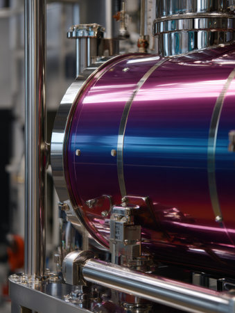 Close-up view of modern machinery featuring striking metallic hues, highlighting the intricate design and advanced technology used in manufacturing.の素材
