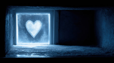 A heart shape carved in ice is illuminated by soft blue light in a chilly environment, conveying a sense of calm and beauty in winter.の素材