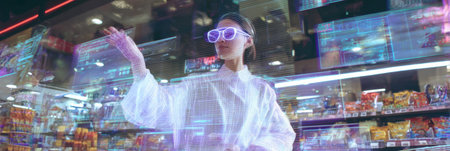 A woman wearing stylish sunglasses gestures towards holographic displays in a lively convenience store, merging technology and modern shopping.の素材
