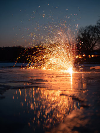Bright sparks burst into the air, reflecting beautifully on the still water as night falls, enhancing the festive mood of the outdoor gathering.の素材