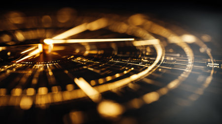 Close-up view of a golden clock mechanism revealing intricate details of its gears, hands, and craftsmanship, reflecting light in a mesmerizing manner.の素材