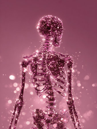A skeleton stands with its back turned, surrounded by sparkling particles and a soft purple background, creating a unique and eye-catching display.の素材