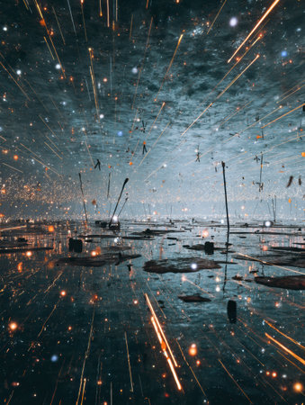 An enchanting scene features shimmering water reflecting a starry sky, with boats scattered among debris and glowing particles, creating a magical ambiance.の素材