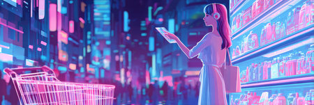 A woman stands in a glowing, colorful city environment, holding a digital device while listening to music.の素材