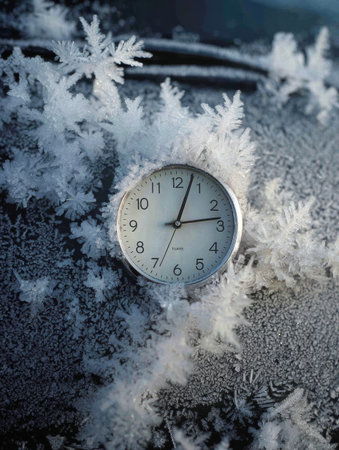 A clock is surrounded by intricate frost patterns on a cold winter morning, highlighting the stillness and beauty of the snowy season.の素材