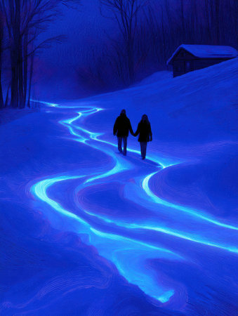 Two figures stroll together on a illuminated blue trail in a snowy scene, surrounded by trees and a cabin, under a serene twilight sky.の素材