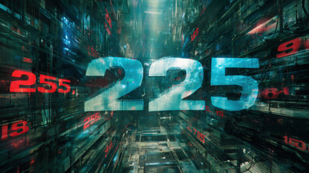 A vibrant digital environment showcases large glowing floating numbers amidst a cybernetic backdrop, creating an immersive visual experience.の素材