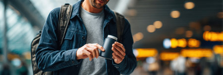 A traveler examines a coffee cup inside a busy airport terminal, with dim lighting and movement of other passengers in the background.の素材