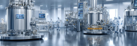 Scientists in protective gear are conducting experiments in a high-tech laboratory filled with stainless steel equipment and advanced technology.の素材