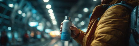 A person stands in a bustling station, holding a water bottle while surrounded by the lively atmosphere of evening commuters and soft lights.の素材
