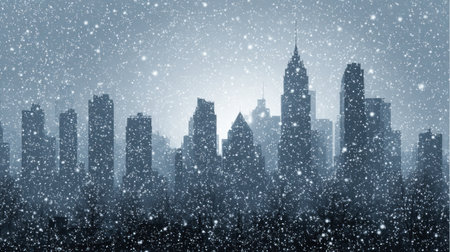 A stunning city skyline features tall buildings enveloped in gentle snowfall, highlighting the winter season as evening settles in with soft light.の素材