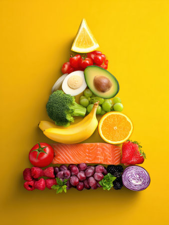 The scene showcases a vibrant pyramid made of various fruits and vegetables against a lively yellow backdrop, highlighting healthy food choices.の素材