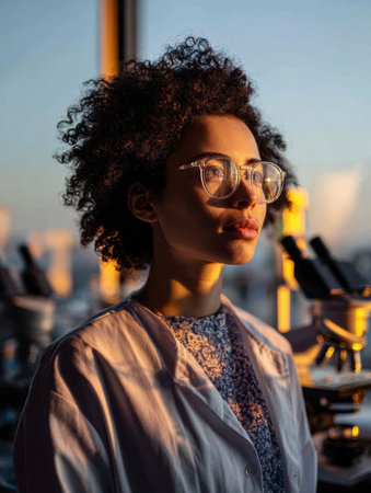 A researcher stands in a laboratory, gazing thoughtfully out the window as the sunset casts a warm glow.の素材