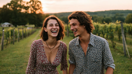 A couple is laughing together in a vineyard at sunset, surrounded by lush green grapevines under a warm, glowing sky.の素材