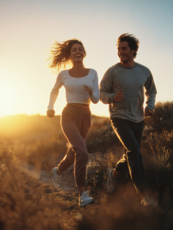 Two individuals run side by side, smiling in a warm sunset, surrounded by natures beauty, embodying a moment of fun and healthy activity.の素材