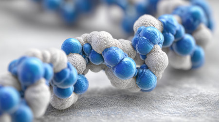 Detailed representation of a molecular structure composed of blue and white spheres, highlighting its complexity and significance in science.の素材