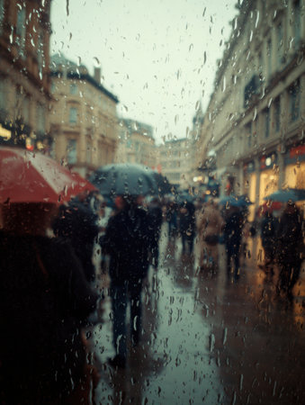 A bustling city street is filled with people carrying umbrellas during a rainy evening. Reflections shine on wet pavement as shops light up.の素材