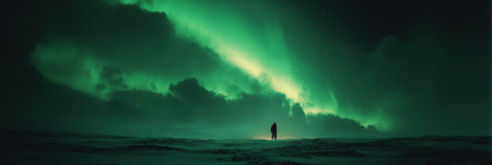 The northern lights glow vividly, bathing a lone figure in green hues against a vast, dark landscape.の素材