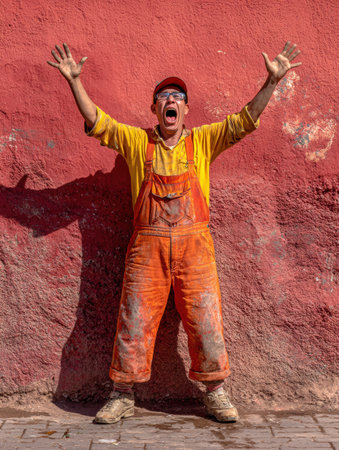 A cheerful man in bright orange overalls is joyfully shouting in front of a rich red wall on a sunny afternoon, expressing pure excitement and happiness.の素材
