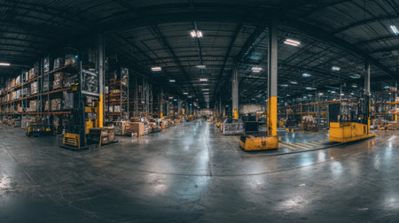 Busy warehouse filled with neatly stacked pallets and forklifts moving through spacious aisles in bright lighting during work hours.の素材