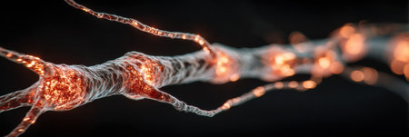 A close-up view showcases a glowing neuron with intricate details of its fibers and connections, emphasizing its importance in neural communication.の素材