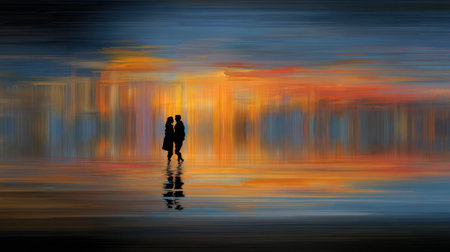 A couple enjoys a romantic stroll beside serene waters as the sun sets, creating a beautiful display of colors and reflections in the sky.の素材