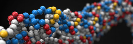 Close-up view of a DNA helix showing intricate arrangements of colored atoms. The structure highlights genetic materials complexity and beauty.の素材
