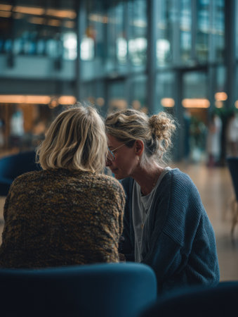 In a modern setting, two women sit closely together, engaged in a deep conversation, surrounded by large windows and natural light.の素材