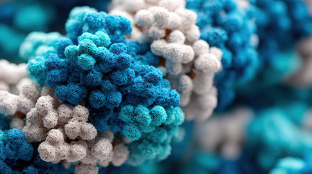 A vibrant abstract showcases intricate molecular structures in blue and white, creating a captivating visual effect of science.の素材